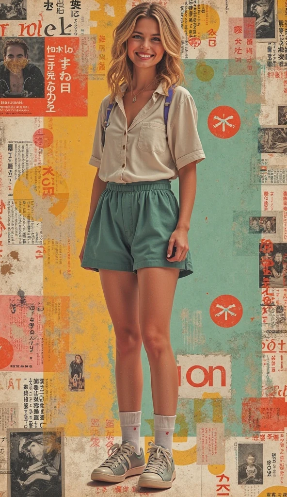 collage art、retro collage、magazine clippings、VINTAGE MATERIAL、blond woman、smile、2000Decade Style、loose socks、Japanese High School Uniforms、