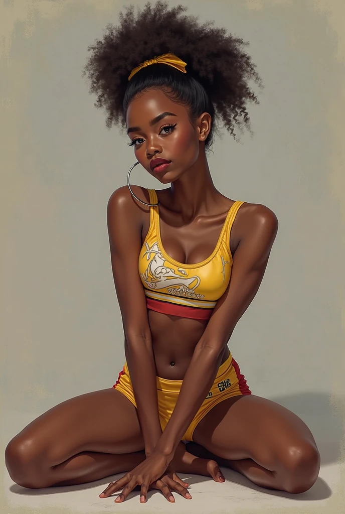 Very young ebony age chearleader sexy small shorts crop top hands in her lap back arched sitting on her knees