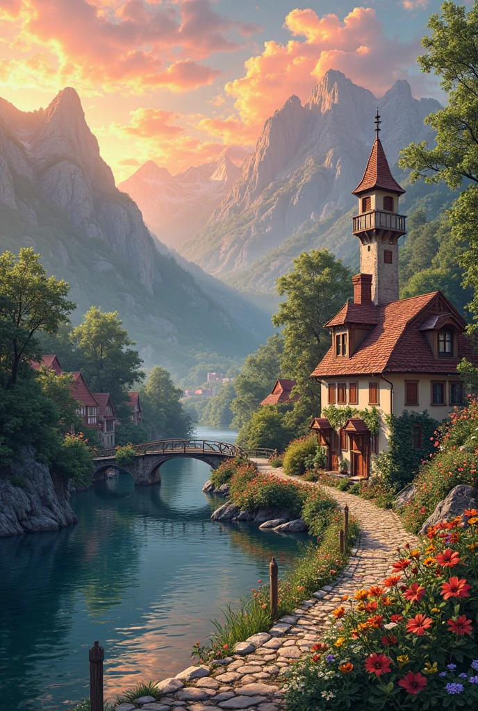 a small village by the river, mountains in the background, floral flowers colorful, detailed landscape, Beautiful natural landscapes, atmospheric lighting, scorching sunset, warm colours, practical, photopractical, Detailed Foliage, complex buildings, cobblestone street, Charming country house, swirly vibrant colors, lush vegetation, Still water reflections, Picturesque, idyllic, work of art, best qualityer, 8k, extremely detaild,anime styling