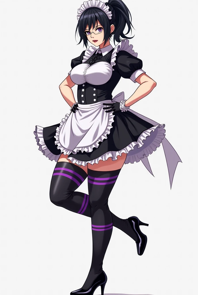 gloves, pantyhose, elbow gloves, breasts, maid, purple eyes, large breasts, high heels, boots, dress, green hair, shoes, ribbon, white gloves, simple background, standing, short hair, Mitico fleuretty \(character\), Mitico fleuretty