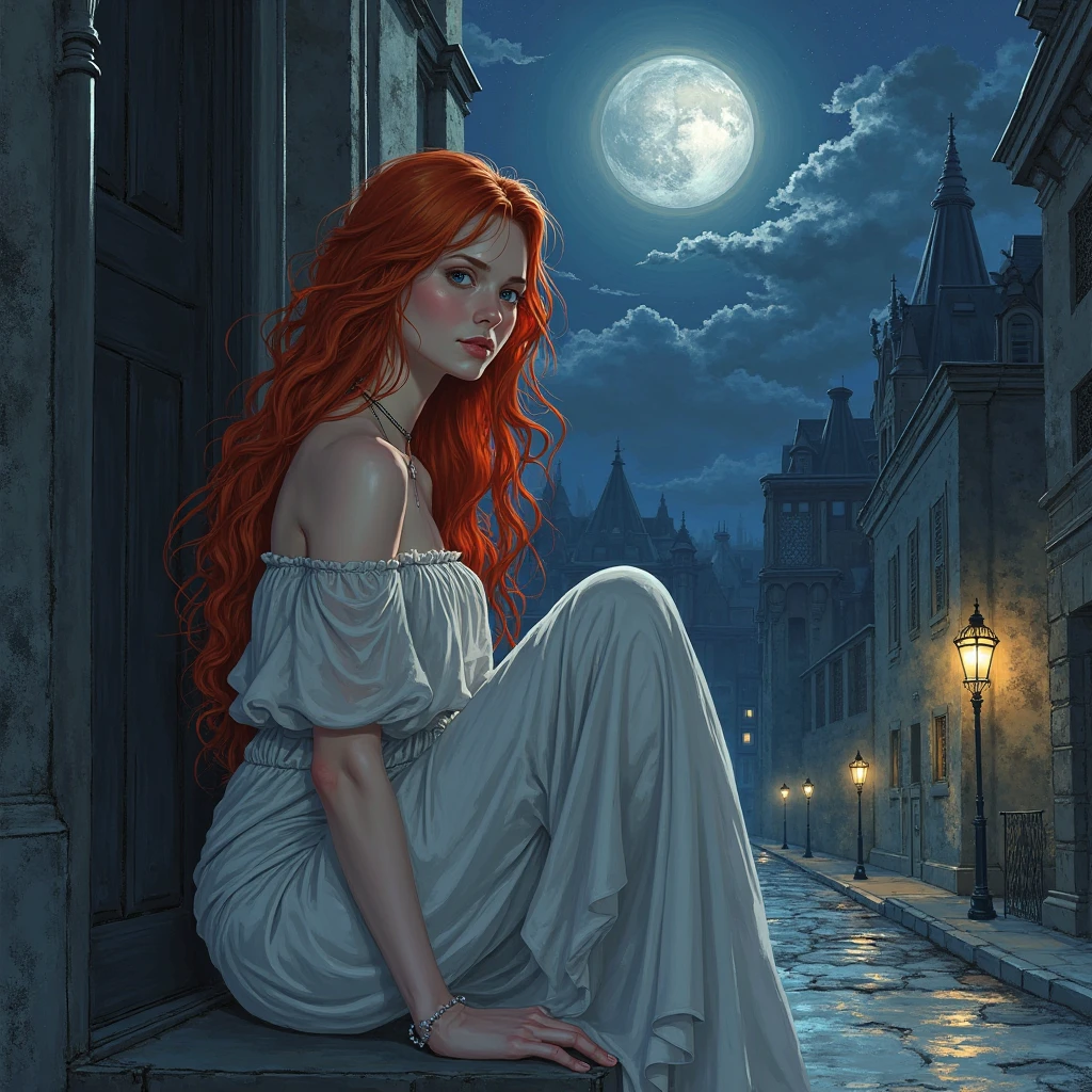 Make a red-haired woman waiting for someone during the night in the form of a well-designed drawing