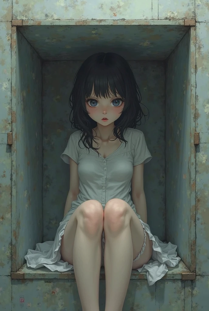 1girl, 22 years old, wearing white open silk fully unbuttoned see through shirt, jueri-anarupuragu, upskirt, thighhighs,, junji ito artwork, in style of junji ito, art style of junji ito, junji ito style, horror manga, yoshitaka amano and junji ito, junji ito and greg rutkowski, junji ito undertones, inspired by Junji Ito