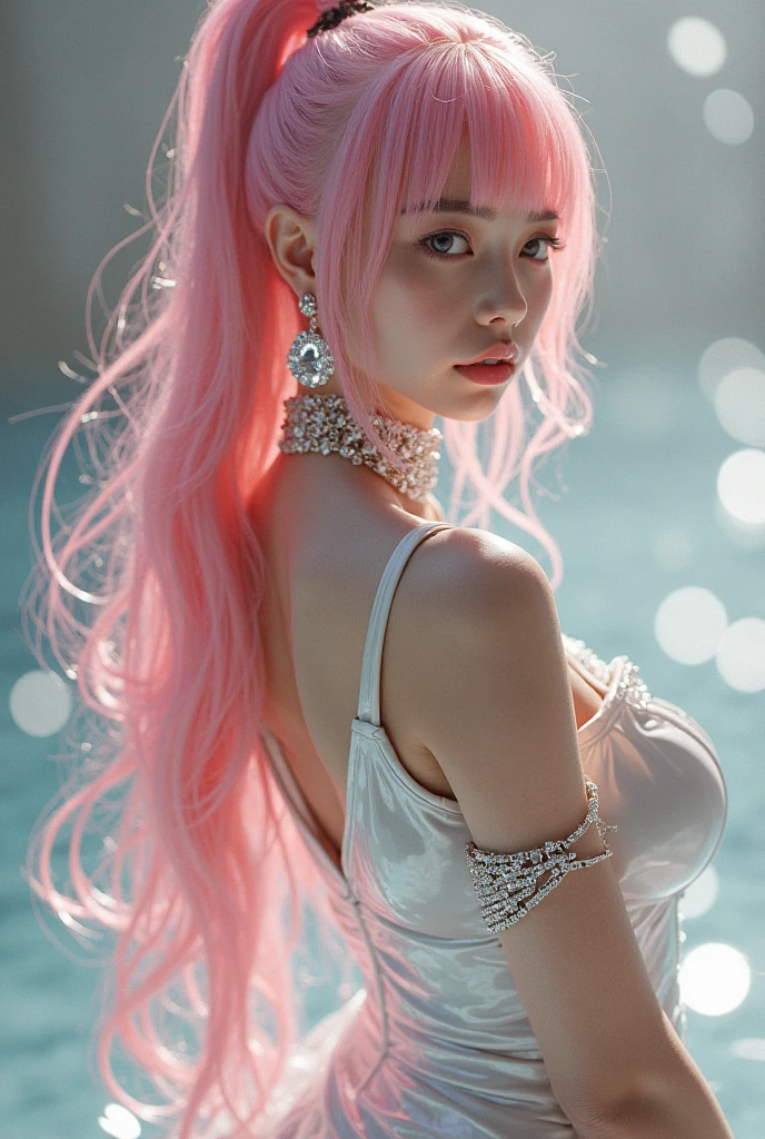 Best quality，tmasterpiece，Partial underwater photography，Reflectors，Pink-haired girl，messy  hair，Floating cheongsam，Water drop texture detail，and the sun was shining brightly，shiny skins，sunflare