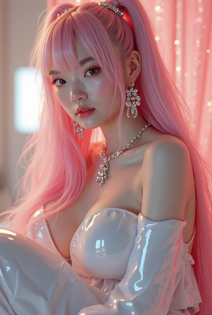 masterpiece,(best quality:1.3),ultra high res,raw photo,detailed skin,beautiful lighting,(realistic, photo-realistic:1.4),1girl,cheongsam,Crystal pink hair,laser,leishe,(Huge breasts:1.3)