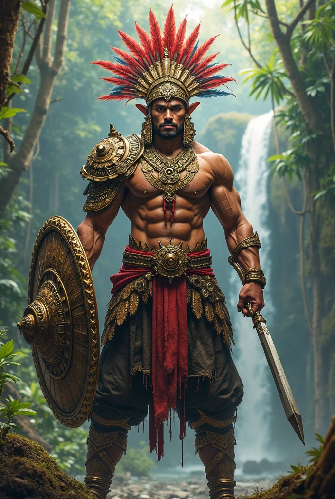 Aztec warrior, typical armor, wielding a spear, Ready to fight
