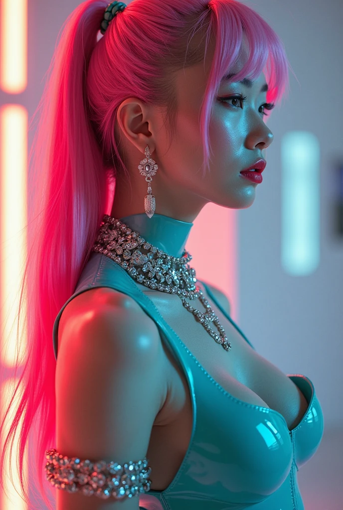 a beautiful japanese woman wearing a bright turquoise latex costume, long flowing pink hair in a high ponytail, detailed facial features, large sparkling earrings, a flashy necklace and bracelets, sensual and erotic pose, (best quality,4k,8k,highres,masterpiece:1.2),ultra-detailed,(realistic,photorealistic,photo-realistic:1.37),HDR,UHD,studio lighting,ultra-fine painting,sharp focus,physically-based rendering,extreme detail description,professional,vivid colors,bokeh,erotic,sensual,japanese,portrait