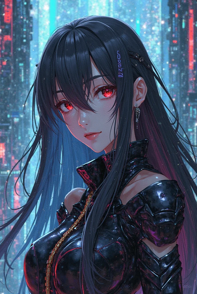 8K,　High resolution、1 detailed beautiful face、(Detailed eyes)(smile:1.5)、(Black and red gradient color:1.2)(Long Hair)、Cat ear、Angle from waist up、 sharp gaze、Smile、(He is wearing an all-black ninja outfit.:1.5)、Dark blue or dark red。Carrying a thin, sharp weapon such as a sword or dagger、(The background to the action is quiet and solemn.)。(At night, its figure sparkles in the moonlight.)、(With a confident look),（Index finger over mouth）Perfect arms and fingers,Perfect Action