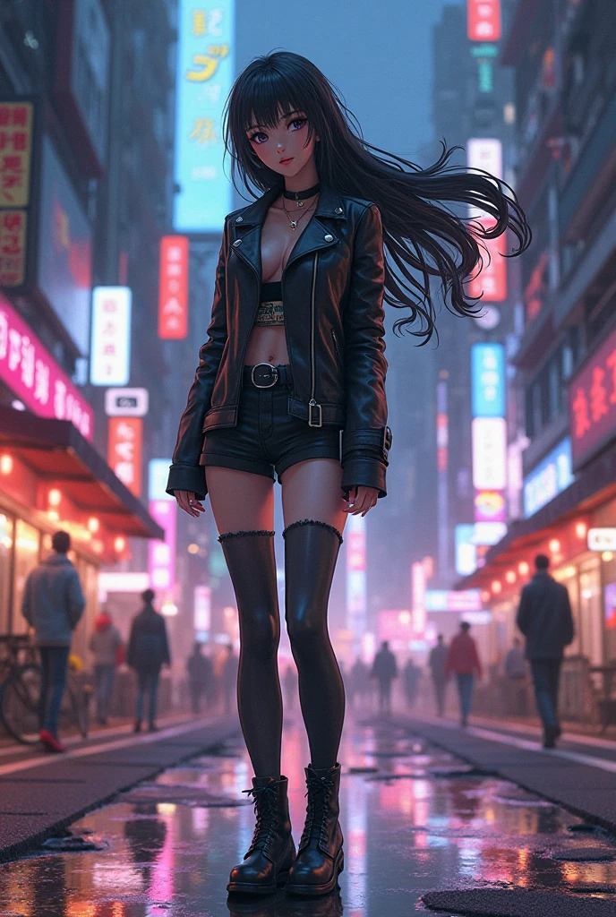 "A confident anime girl with long flowing hair, wearing a stylish leather jacket and boots, standing in a bustling city street at night."