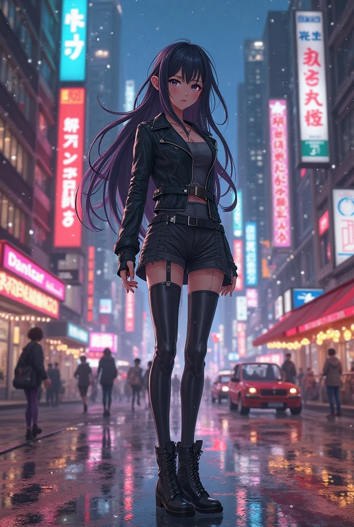 "A confident anime girl with long flowing hair, wearing a stylish leather jacket and boots, standing in a bustling city street at night."