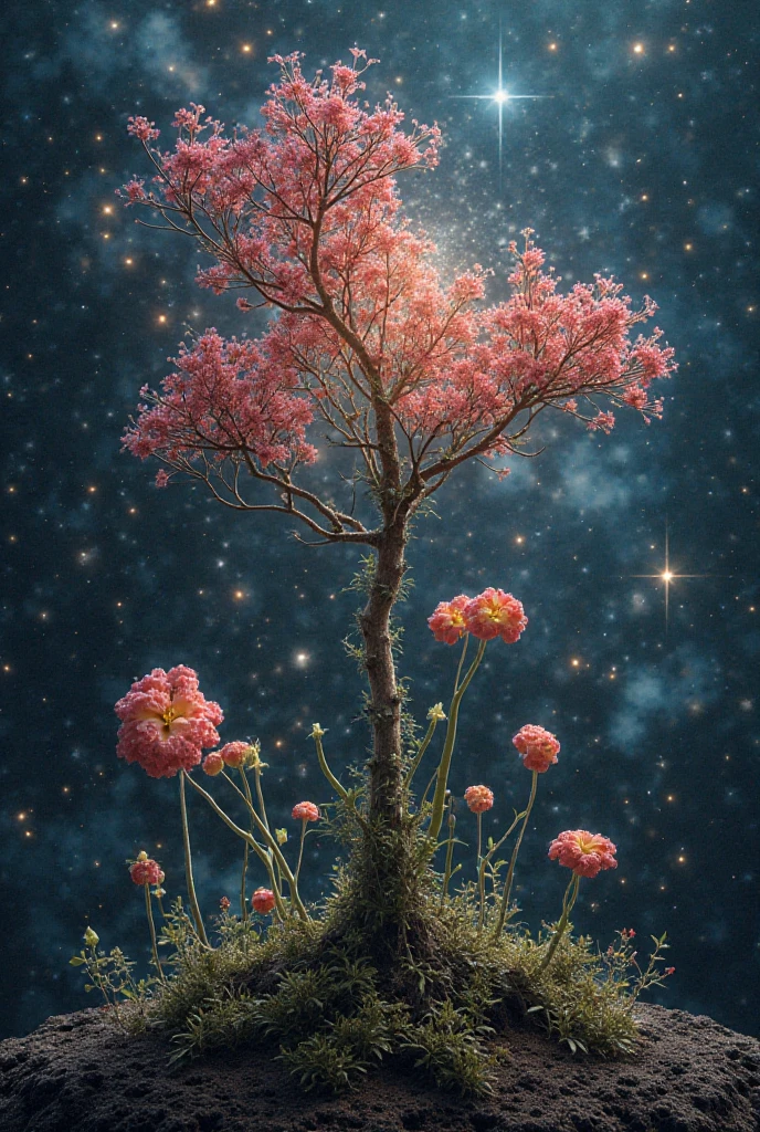 A garden where plants have dark matter roots and flowers that are miniatures of black holes. instead of fruits, star clusters grow in their branches. Pollen are micro-nebulae, and the "sky" is a living membrane that shows the birth of galaxies in real time.