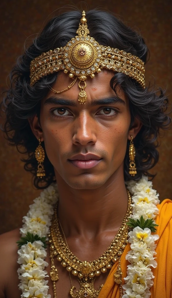"A detailed cinematic portrait of a young Indian prince or warrior from ancient mythology, with medium-length curly hair, intense and confident expression, wearing a golden jeweled crown and traditional ornaments, thick golden necklace, floral garland (white with yellow flowers), deep brown background, realistic texture, fine facial features, traditional tilak on forehead, Indian epic style, ultra-realistic digital painting, 4k quality."