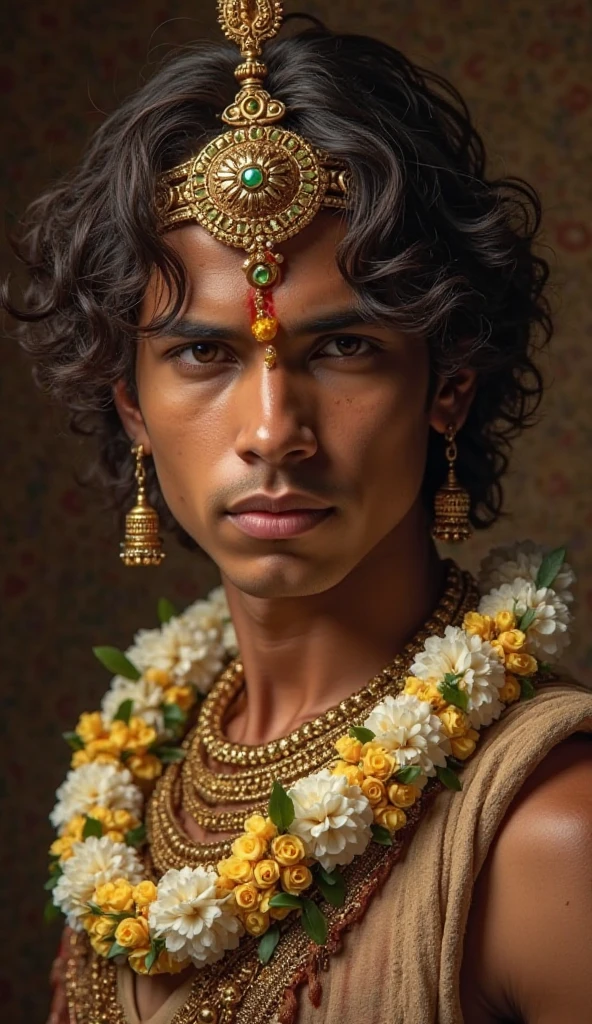 "A detailed cinematic portrait of a young Indian prince or warrior from ancient mythology, with medium-length curly hair, intense and confident expression, wearing a golden jeweled crown and traditional ornaments, thick golden necklace, floral garland (white with yellow flowers), deep brown background, realistic texture, fine facial features, traditional tilak on forehead, Indian epic style, ultra-realistic digital painting, 4k quality."