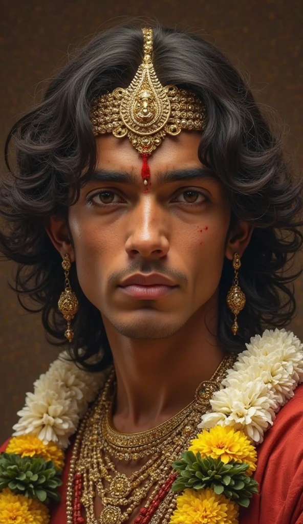 "A detailed cinematic portrait of a young Indian prince or warrior from ancient mythology, with medium-length curly hair, intense and confident expression, wearing a golden jeweled crown and traditional ornaments, thick golden necklace, floral garland (white with yellow flowers), deep brown background, realistic texture, fine facial features, traditional tilak on forehead, Indian epic style, ultra-realistic digital painting, 4k quality."