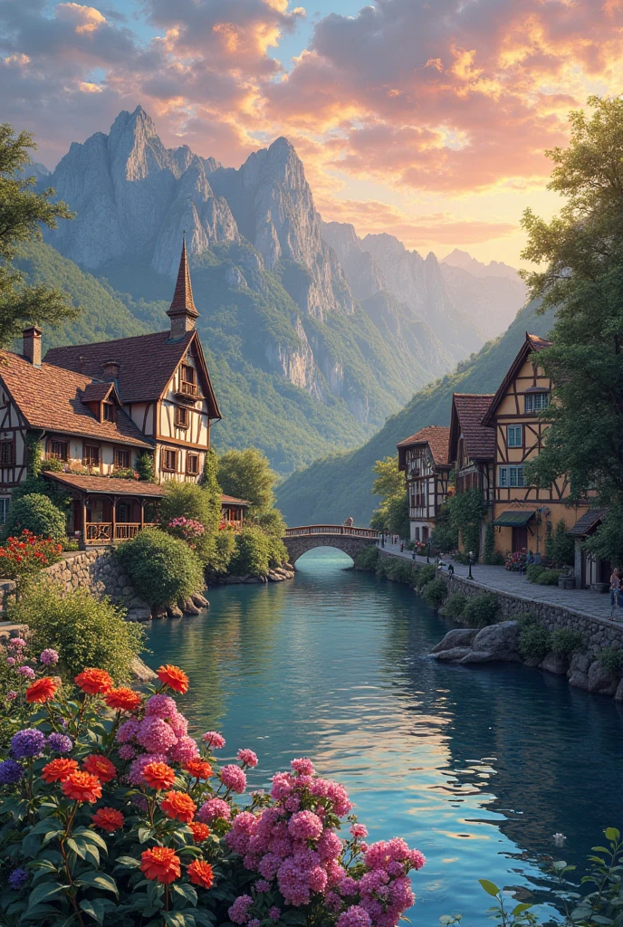 A small village by the river, mountains in the background, colorful flowers, detailed landscape style, beautiful natural scenery, atmospheric lighting,  scorching sunset ,  warm colors, practical, photographic, detailed foliage, complex buildings , cobblestone street, charming country house, vibrant colors, lush vegetation, reflections in the water, pitoresco, idyllic, work of art, Best Quality, 8k, extremely detailed, anime style