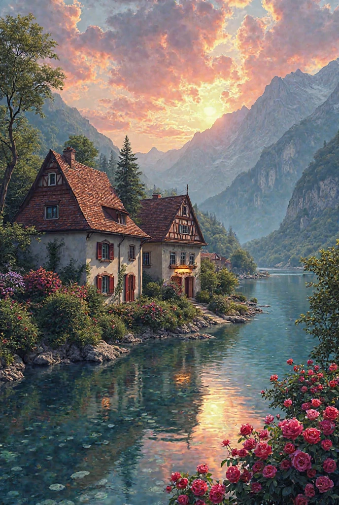 A small village by the river, mountains in the background, colorful flowers, detailed landscape style, beautiful natural scenery, atmospheric lighting,  scorching sunset ,  warm colors, practical, photographic, detailed foliage, complex buildings , cobblestone street, charming country house, vibrant colors, lush vegetation, reflections in the water, pitoresco, idyllic, work of art, Best Quality, 8k, extremely detailed, anime style
