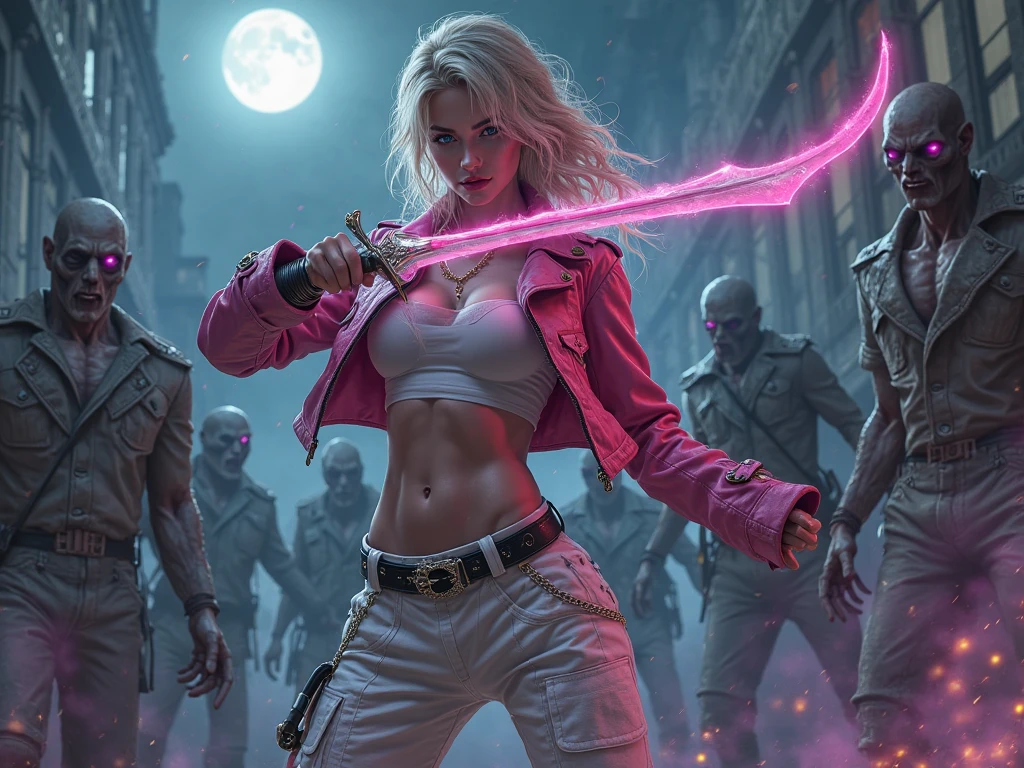 young woman, Beautiful and ???? fighting grey-skinned zombies, ??????? untidy in clothes and appearance, and her eyes are purple.. The woman fights with a double-edged sword with a fuchsia sickle and a curved handle in bright white, With pink frostings. wearing a pink leather jacket (adjusted to your figure) Under a short white flannel, white combat pants with black belt and shiny buckle and finally pink military boots. She has loose, well-ironed blonde hair and blue eyes, Wear pink lipstick and makeup, And he has a good body ( athletic and shaped ) firm and ?????????????, stunning figure, nice legs and big as a firm ????. All realistic at night, under the lighting of the full moon in an abandoned city