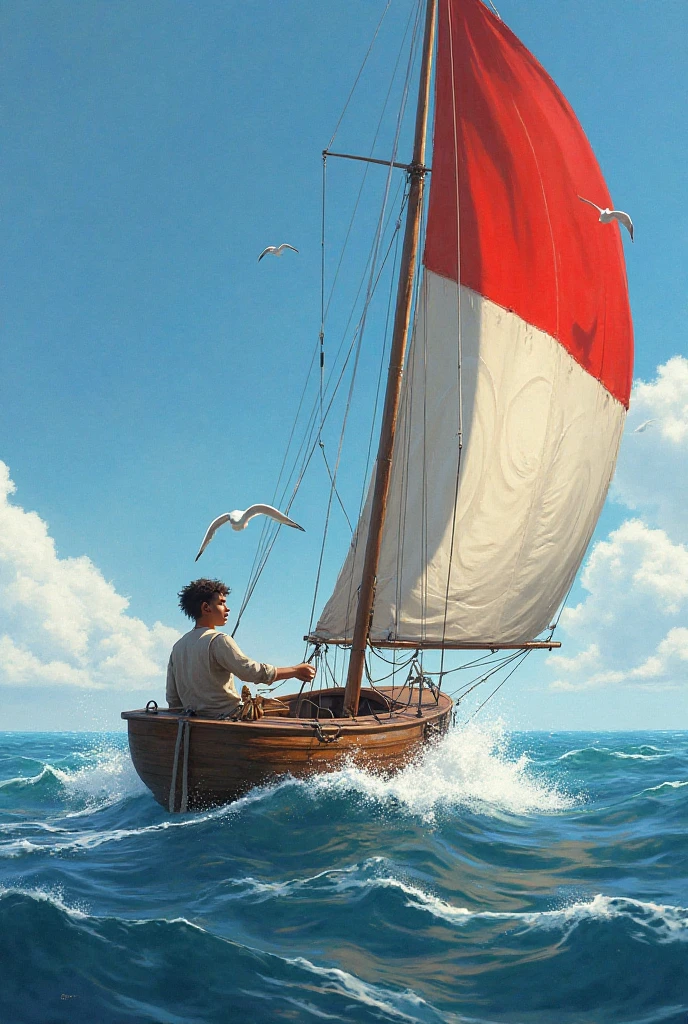 Boy in a red hat sitting in a seagull's boat, inspired by Stevan Dohanos, he's on an old sailing boat, On the sea, On a boat, Inspired by Antonio Ciceri, on the bow, children's, inspired by Jean-Léon Gérôme, ponyo hayao mitazaki, yanjun cheng