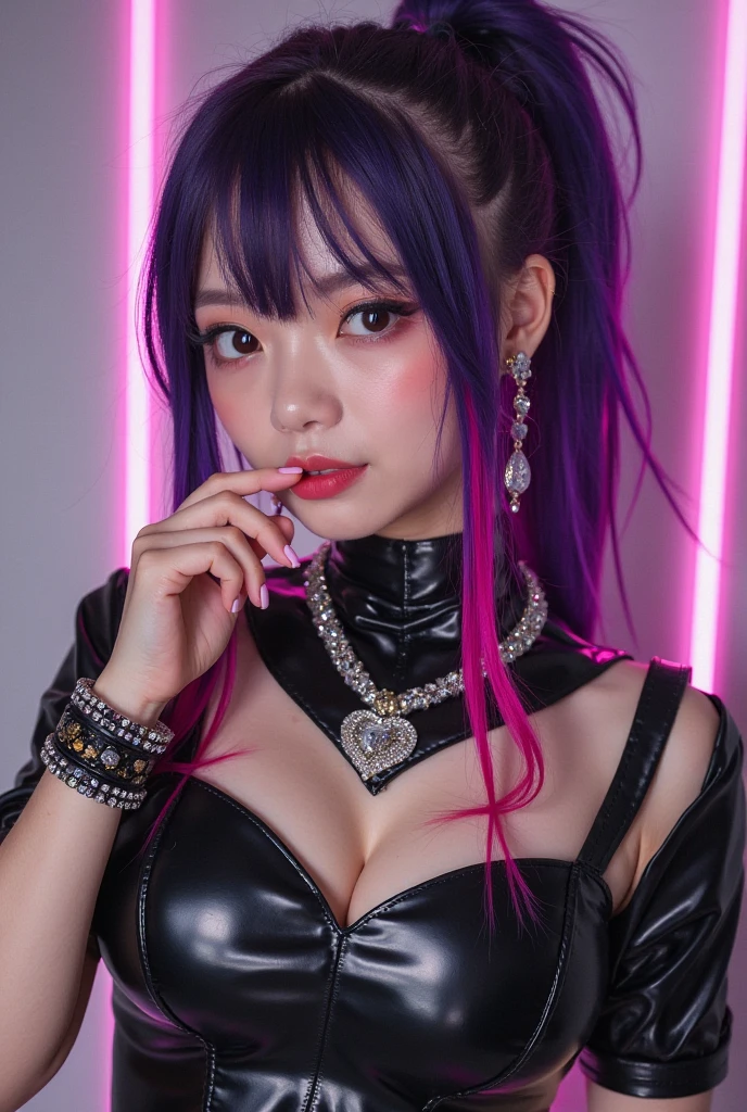 top-quality、masterpiece、超A high resolution、(Photorealsitic:1.4)、Raw photo、女の子1人、years、Shiny platinum hair、sad Facial expression、glowy skin、((super realistic details))、portlate、globalillumination、Shadow、octan render、8K、ultrasharp、Colossal tits、cleavage of the breast、Underbust of raw skin、Latex microbra without strings Very intricate details、Realistic light、CGSoation Trends、a purple eye、Eyes shining towards the camera、neon details、sitting on、Futuristic hair ornament、Gundam、Small LED lamp、Purple neon lighting、Green neon lighting、