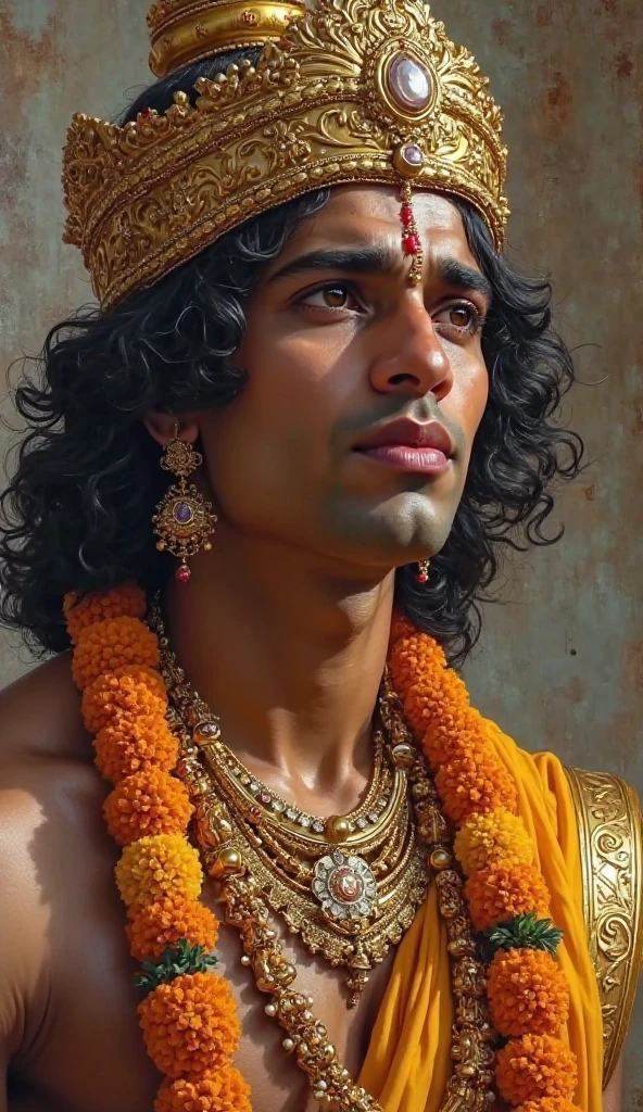 "A royal Indian prince in deep sorrow, styled like Lord Krishna or a Mahabharata warrior, wearing an ornate golden crown and traditional golden jewelry, eyes reflecting pain and wisdom, adorned with fresh marigold and jasmine garlands, curly black hair, deep brown eyes, regal posture, painted in the style of an ancient Indian mythological oil painting, with realistic textures, soft divine lighting and renaissance-era brushwork on canvas."