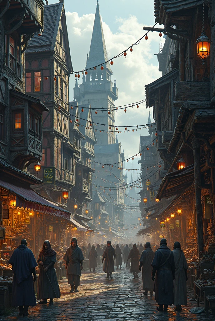 a dark and nostalgic fantasy medieval city, people walking, business, And some ren , Is the city center very busy