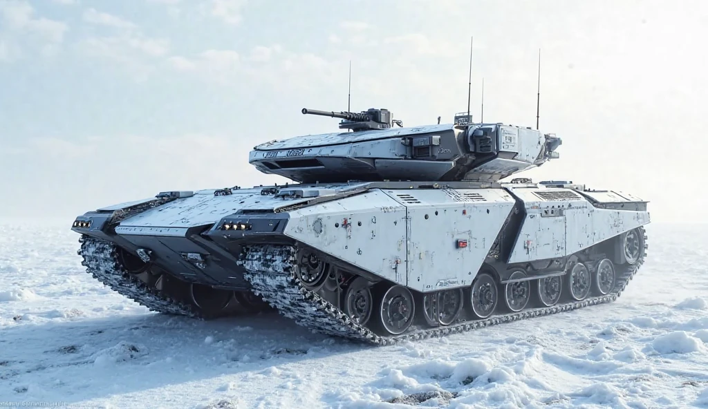 Armored Tank, Snow camouflage color, Siberia, Russia, T-14 Armata Main Battle Tank, Wide angle, panoramic view, dynamic movement, vivid, (masterpiece, best quality, absurdres, ultra-detailed, intricate details:1.3)