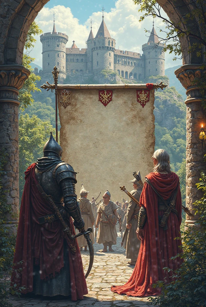 can you generate me a medieval rpg video game themed sign poster background include a space where i can put my text on. make it rpgey