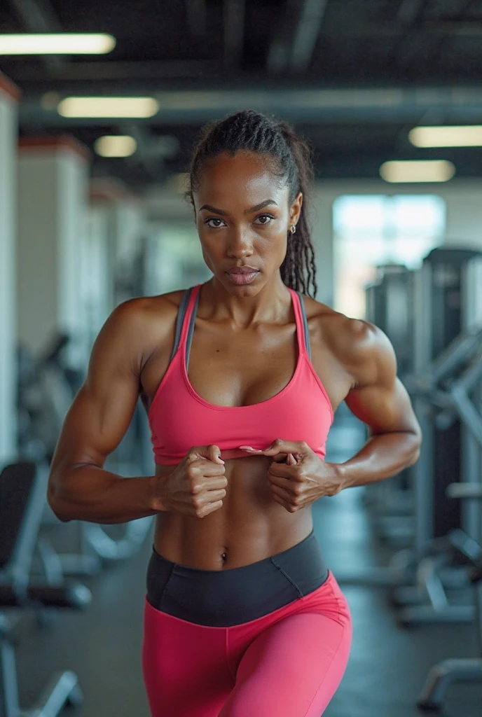 40 years old, black woman, personal trainer, sensual style, yellow gym clothes ((realistic)) ((gym))