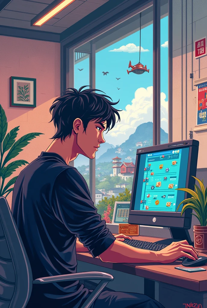  pixel art, game programmer, brown wave firm, oriental man, black knit top, Japanese anime-style Gavunsu characters