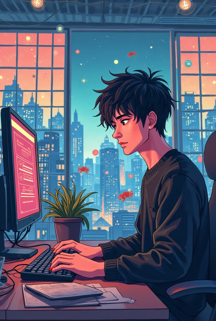  pixel art, game programmer, brown wave firm, oriental man, black knit top, Japanese anime-style Gavunsu characters