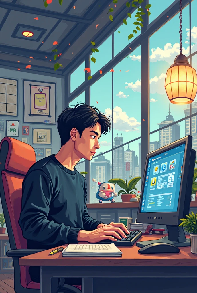  pixel art, game programmer, brown wave firm, oriental man, black knit top, Japanese anime-style Gavunsu characters