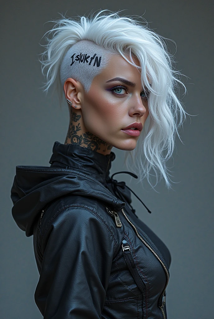 The hairstyle is a long wolf cut. Hair color: inner color is white Eye color: blue The piercing is open Skinny Her outfit is mainly black and gothic. smoking a cigarette
