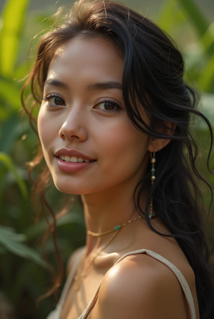 (Highest quality, 8K, Masterpiece), (Best Illustration), Very delicate and beautiful, Very detailed, CG, Unity, Amazingly fine detail, Ultra-high resolution, Highly detailed eyes and face, Superbly detailed eyes, (fluffy black eyes: 1.21), (Best shadows: 1.1), (Photorealistic: 1.1), Realistic face proportions, (Makeup: 0.4), Handsome woman, Solo, (( Small breasts)), (Deep cleavage), (Slim figure), smiling at viewer, (cropped shoulders: 1.5)), Wet skin, Dark brown hair, Earrings, (cowboy lens: 1.3), (irregular skin imperfections, venat, Skin Wrinkles: pores: 1.1), (woods: 1.3), (Bokeh: 1.4)