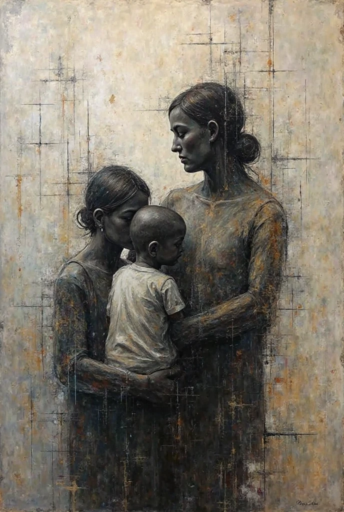 Crée un tableau d art abstrait peint qui exprime la privation de liberte par la famille, expression indirect profonde