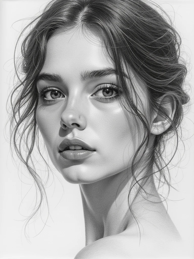 female face, pencil drawing, black and grey