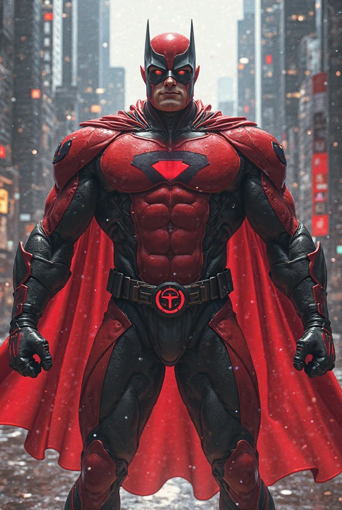 (((full body))) dolph lundgren as Superman, 40s year old, all black and red details suit, red cape, blond hair covering forehead, short cut hair, tidy hair, tall, manly, hunk body, muscular, straight face, black medium hair, best quality, high resolution:1.2, masterpiece, raw photo, dark background, detailed suit, detailed face, upper body shot