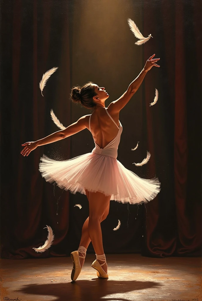 A stunning oil-style painting of a 37-year-old Mexican ballerina caught mid-spin on a theater stage, completely nude except for classic pale pink satin ballet slippers. The background is a deep, rich black velvet curtain, creating a void-like contrast. She is lit by a single warm spotlight from above, creating dramatic chiaroscuro lighting across her skin. Her graceful pose is based on a “Black Swan” pirouette, with one leg raised close to a 90° angle and the other en pointe, her torso elegantly twisting in motion.

Around her swirl white swan feathers suspended mid-air, flowing in the direction of her turn, carried by the invisible breath of her movement. The feathers reflect the light softly, dancing with her, like fragments of her soul in motion.

Her skin is warm caramel with golden undertones, realistic and slightly sweaty from exertion — glowing at the collarbone, between her breasts, and along her thighs. Small droplets catch the light on her abdomen and lower back. Subtle body hair is visible: soft, natural armpit hair, light arm fuzz, and a modest, aesthetic patch of neatly groomed pubic hair above her vulva — elegant and emotionally charged, not explicit. From her inner thighs, faint natural fluids trail downward, visually representing her ecstasy — not from touch, but from the overwhelming joy of doing what she loves.

Her face reflects the timeless beauty of a mature woman deeply immersed in her passion. Oval face, rounded chin, soft cheekbones, medium forehead. Golden-brown skin with natural texture — pores, faint smile lines, and crow’s feet. Eyes almond-shaped, closed in ecstasy, lashes slightly curled, irises deep brown with warm amber tones.

Her eyebrows are thick, naturally arched and expressive. Nose realistic: straight bridge, rounded tip, soft nostrils. Lips medium-full, top lip with a well-defined Cupid’s bow, slightly parted, showing a glimpse of natural teeth with a small central gap. A small, seductive beauty mark (mole) rests just beside t