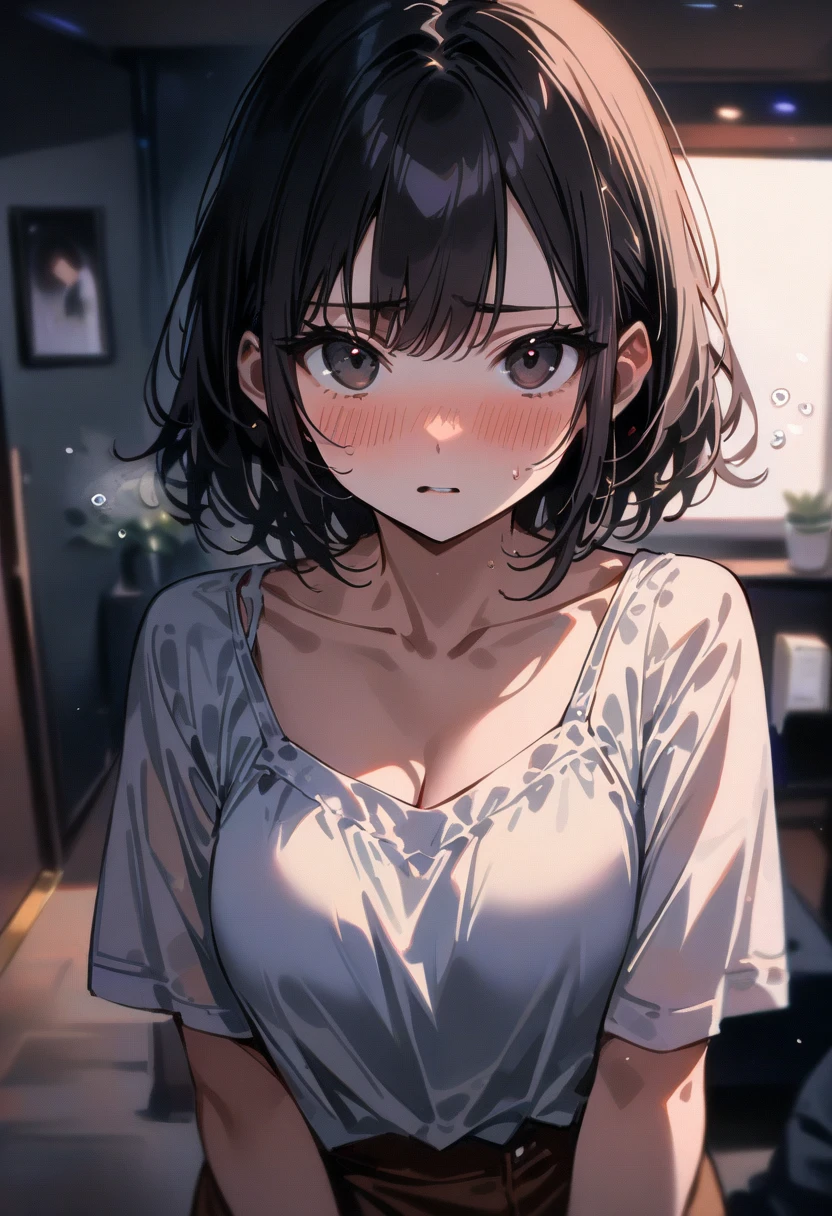(masterpiece:1.6),(best quality1.6), (ultra high res1.2,perfect proportion,(dark hair:1), ( black hair:1),(beautiful Busty breasts:1.5), (beautiful woman:1.4),a woman,(medium hair:1.2),a mole around the mouth,(blush:1.2),(kissy face:1), ready to kiss,(sexual ecstasy face:1.4) ,(aroused:1.4),(embarrassed:1.4),(squinting:1.4), (sweaty:1.2),closed eyes,(beige V Neck Sweater:1.1),(school uniform:1.1), (upper body shot:1.3), shoot from front,close-up, (looking viewer:1.4)