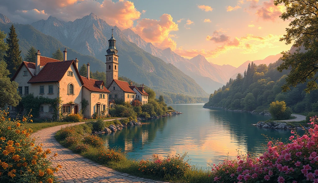 a small village by the river, mountains in the background, fleurs florales colorées,  detailed landscape , Beaux paysages naturels, atmospheric lighting, coucher de soleil brûlant, warm colors, pratique, photorealistic, Detailed foliage ,  complex buildings, Cobblestone street, Charming country house, bright swirling colors, lush vegetation,  Reflections of still water, Pittoresque, idyllique,  work of art, best quality, 8k, extremely detailed, style anime.
