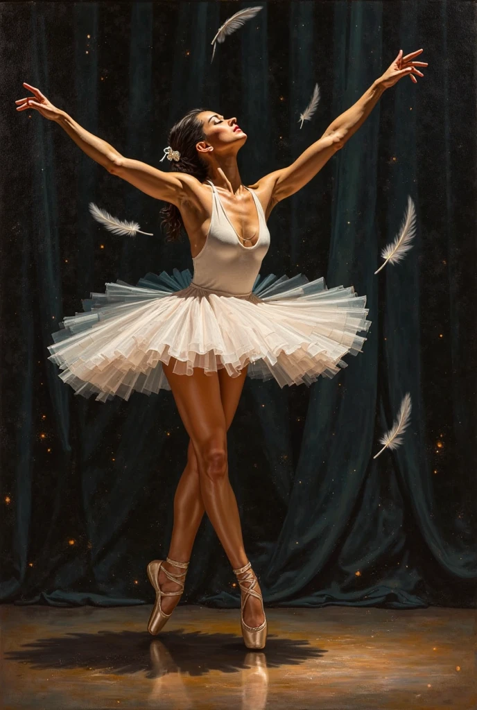 A stunning oil-style painting of a 37-year-old Mexican ballerina caught mid-spin on a theater stage, completely nude except for classic pale pink satin ballet slippers. The background is a deep, rich black velvet curtain, creating a void-like contrast. She is lit by a single warm spotlight from above, creating dramatic chiaroscuro lighting across her skin. Her graceful pose is based on a “Black Swan” pirouette, with one leg raised close to a 90° angle and the other en pointe, her torso elegantly twisting in motion.

Around her swirl white swan feathers suspended mid-air, flowing in the direction of her turn, carried by the invisible breath of her movement. The feathers reflect the light softly, dancing with her, like fragments of her soul in motion.

Her skin is warm caramel with golden undertones, realistic and slightly sweaty from exertion — glowing at the collarbone, between her breasts, and along her thighs. Small droplets catch the light on her abdomen and lower back. Subtle body hair is visible: soft, natural armpit hair, light arm fuzz, and a modest, aesthetic patch of neatly groomed pubic hair above her vulva — elegant and emotionally charged, not explicit. From her inner thighs, faint natural fluids trail downward, visually representing her ecstasy — not from touch, but from the overwhelming joy of doing what she loves.

Her face reflects the timeless beauty of a mature woman deeply immersed in her passion. Oval face, rounded chin, soft cheekbones, medium forehead. Golden-brown skin with natural texture — pores, faint smile lines, and crow’s feet. Eyes almond-shaped, closed in ecstasy, lashes slightly curled, irises deep brown with warm amber tones.

Her eyebrows are thick, naturally arched and expressive. Nose realistic: straight bridge, rounded tip, soft nostrils. Lips medium-full, top lip with a well-defined Cupid’s bow, slightly parted, showing a glimpse of natural teeth with a small central gap. A small, seductive beauty mark (mole) rests just beside t