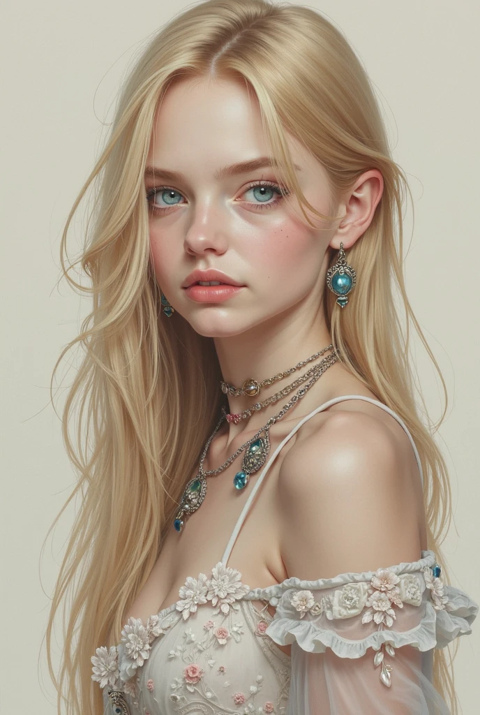 (masterpiece, photos, high resolution 8k) Detailed drawing with pastel colors. , Baby blue eyes very white skin, delicate, straight blond hair, long hair. REBELDE clothing detail