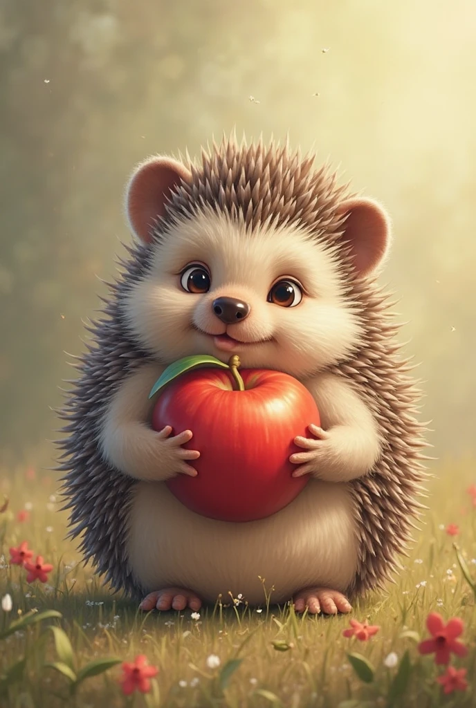 Draw a yellow hedgehog that looks like a person with a height of 1,5 meters, who eats a red apple