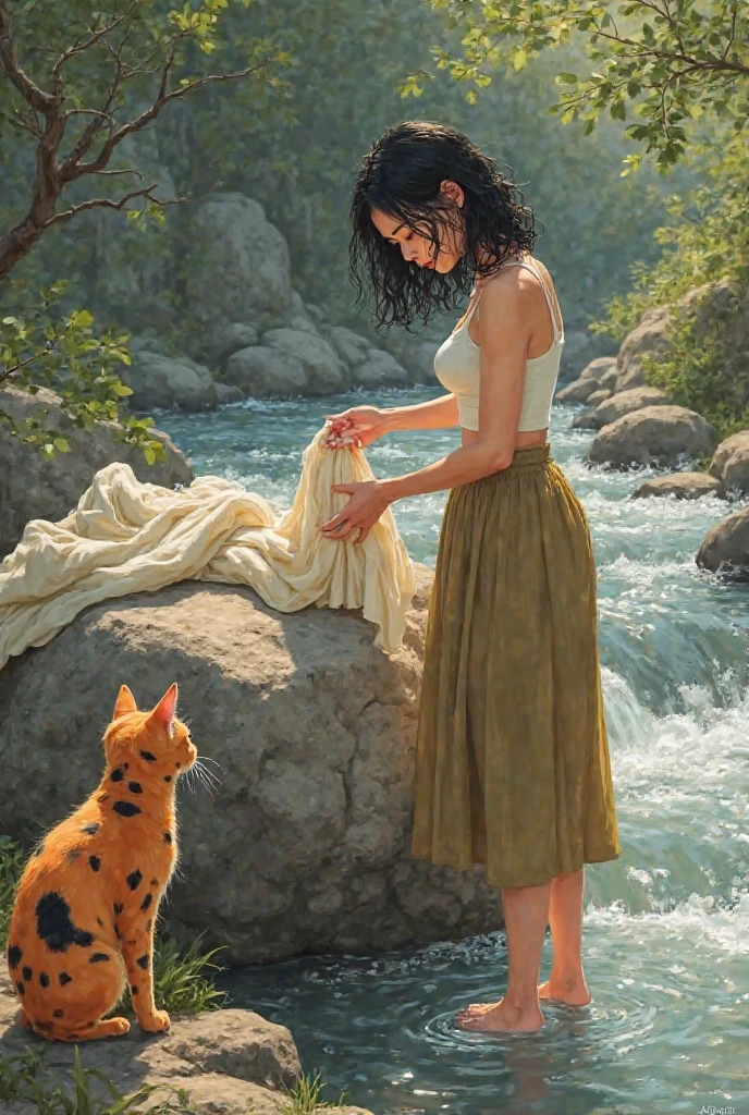 Barefoot black-haired woman wearing a long skirt washes a lot of clothes on a rock in the river and at the same time an orange cat with black and white spots