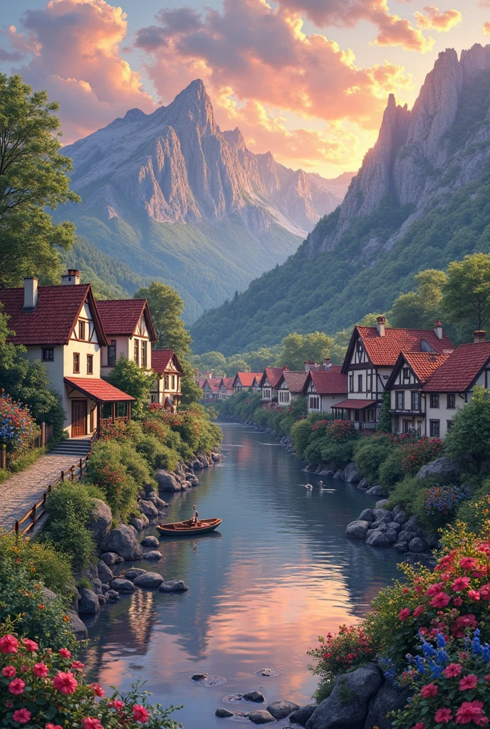 A small town by the river, mountains in the background, colorful floral flowers, detailed landscape, beautiful natural landscapes, atmospheric lighting, scorching sunset, warm colors, practical, photographic, detailed foliage, complex buildings, cobblestone street, charming country house, vibrant colors, lush vegetation, reflections in the water,  picturesque, idyllic, artwork, photos, 8K, extremely detailed, anime style