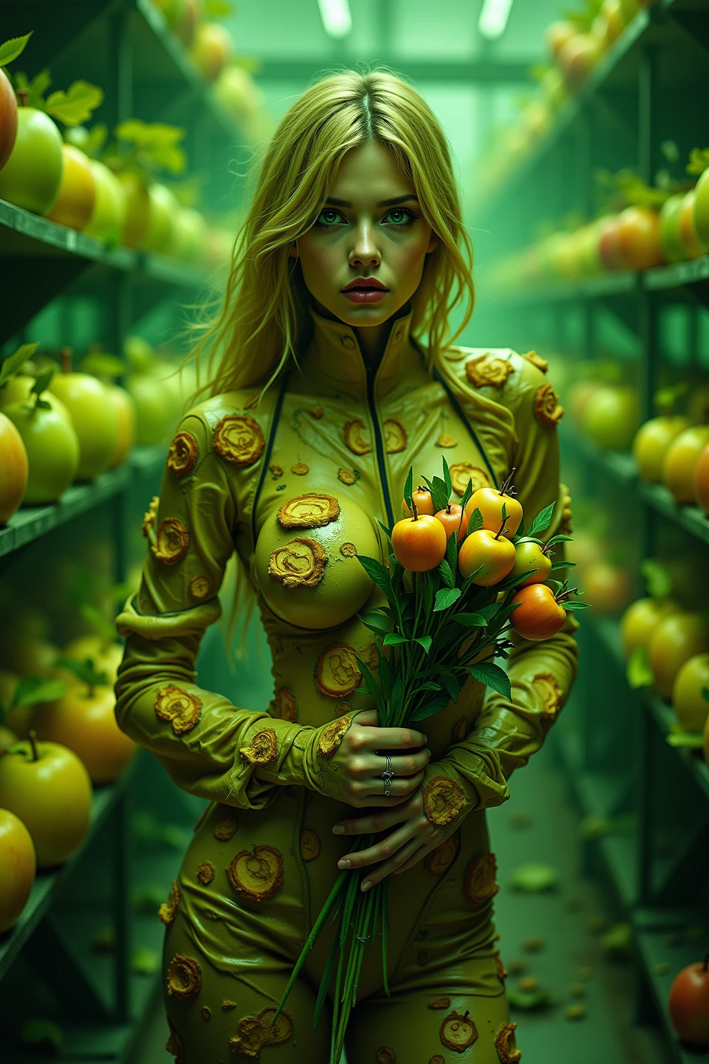 1girl,sexy,Mutated woman encased in apple-shaped tumors, translucent skin revealing mutant seed embryos, fluorescent pesticide flowing through veins, wearing hazmat suit fragments fused with apple membranes, holding nerve-toxin bouquet in abandoned pesticide factory lab, human-apple hybrids floating in cultivation pods, H.R. Giger biotech horror style, asphyxiation beauty in chartreuse toxic fog