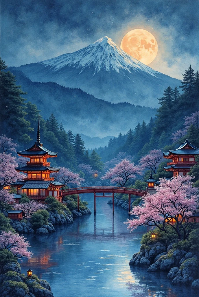 Japan country at night Texture watercolor painting on chicken skin paper