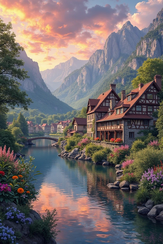 A small town by the river, mountains in the background, colorful floral flowers, detailed landscape, beautiful natural landscapes, atmospheric lighting, scorching sunset, warm colors, practical, photographic, detailed foliage, complex buildings, cobblestone street, charming country house, vibrant colors, lush vegetation, reflections in the water,  picturesque, idyllic, artwork, photos, 8K, extremely detailed, anime style