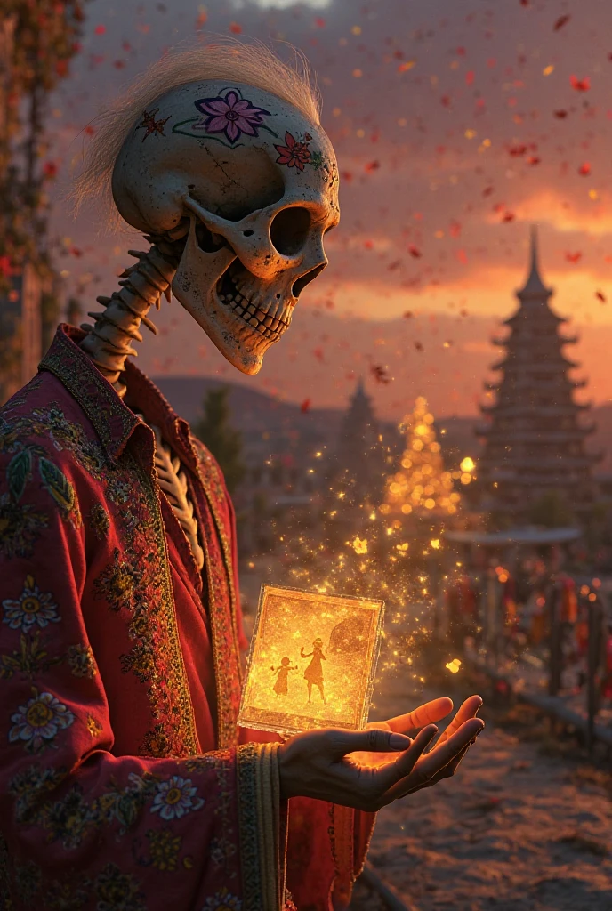 
Artwork Description: "Fading Memories" viewer perspective 
**Style:** *Coco* (Pixar)-inspired magical realism—vibrant colors, warm lighting, and intricate Mexican folk details.  
**Mood:** Bittersweet nostalgia, love transcending time, and gentle acceptance.  

#### **Foreground:**  
- **Aged Hands & Photo:** A pair of elderly hands (wrinkled, slightly trembling) cradle a **fading photograph**. The photo shows a laughing figure (a loved one), its edges **curled and glowing gold**, as if the memory is dissolving into light.  
- **Details:** The hands have subtle cultural markers—a woven bracelet or a faded tattoo—hinting at a life lived.  

#### **Midground:**  
- **Skeletal Guide:** A *Día de los Muertos* skeleton (like *Coco*’s ancestors) stands beside the hands. Their skull is **painted with floral designs**, and they wear a **vibrant *traje de charro*** (embroidered suit) or a flowing dress.  
- **Gesture:** The skeleton’s bony hand rests on the shoulder of the **fading figure** in the background, their expression **kind and reassuring**.  
- **Magic:** **Golden marigold petals** (cempasúchil) drift around them, some clinging to the skeleton’s clothes.  

#### **Background:**  
- **Fading Figure:** A semi-transparent human (gender ambiguous) turns their head slightly, **smiling softly** as their body dissolves into **golden sparkles**. Their clothing is simple but echoes the skeleton’s style (hinting at their connection).  
- **Land of the Dead:** A dreamy silhouette of **papel picado banners**, glowing **candlelit bridges**, and distant **tiered buildings** under a twilight sky.  

#### **Lighting & Atmosphere:**  
- **Warm Glow:** The scene is bathed in amber and violet twilight, with the photo and marigolds emitting a **soft luminescence**.  
- **Texture:** Slight graininess to mimic traditional animation, with a focus on **ligh