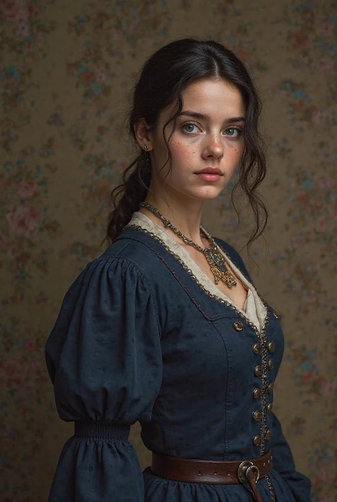 Create the realistic image 

Amelia Hathaway looks about 22 years old, with fair skin and a light natural blush on the cheeks. hair Her hair is dark brown, ondulados, of medium to long length, tied partially back with simple clips, leaving some loose locks framing her face. The eyes are deep blue and expressive,  with a firm eye , but gentle. YOUR FACE IS OVAL, with arched eyebrows and well-defined shine, full and rosy lips. She wears a period dress in Victorian style,  in navy blue , with long sleeves, marked waist and voluminous skirt, but discreetly, reflecting her practical sense, with subtle lace details on the collar and cuffs. Your posture is upright, with an expression of determination softened by the presence of Cam. Use a small silver brooch on the dress or a simple necklace.
Amelia Hathaway the voluptuous silhouette in a modest dress.

Cam Rohan looks about 30 years old, has golden skin, bronzeada, in a warm tone that reflects her gypsy heritage. The hair is black, lisos,  shoulder length , loose and well maintained , with threads flowing naturally around her face. Her eyes are the color of amber or, intense and slightly pulled, with a penetrating and calm look.  His jawbone is defined , has a thin beard for making, straight nose and a serene and enigmatic expression. Wear a white or cream linen shirt with an open collar, a dark waistcoat, in a burgundy or brown tone, and dark pants made of fine fabric. Uses details such as golden chains, rings or a pendant traces of her gypsy origin.  Your posture is relaxed , with a slight inclination at Towards Amelia, conveying protection and admiration. She wears a leather strap, silver rings and, talvez, a scarf or sash red tied around the cuff or neck, evoking her Romani culture.