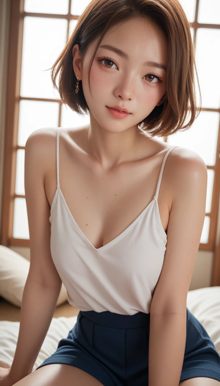 Best Quality, RAW Photos, Photorealistic, Face, Incredibly ridiculous beautiful girl, Cute, Short hair, depth of fields, High resolution, Ultra Detail, detail, Very detailed, extremely detailed eye and face, Sharp pupils, Realistic pupils, Sharp Focus, Cinematic lighting, Flat breasts, Small breasts, Small,( Small bust: 1.2), Small bust, (slim, Small, Flat, Small), slender, Delicate and sexy collarbone, (White camisole:1.2), whitepanty, (Lift a white camisole to show off her small boobs:1.5)))、