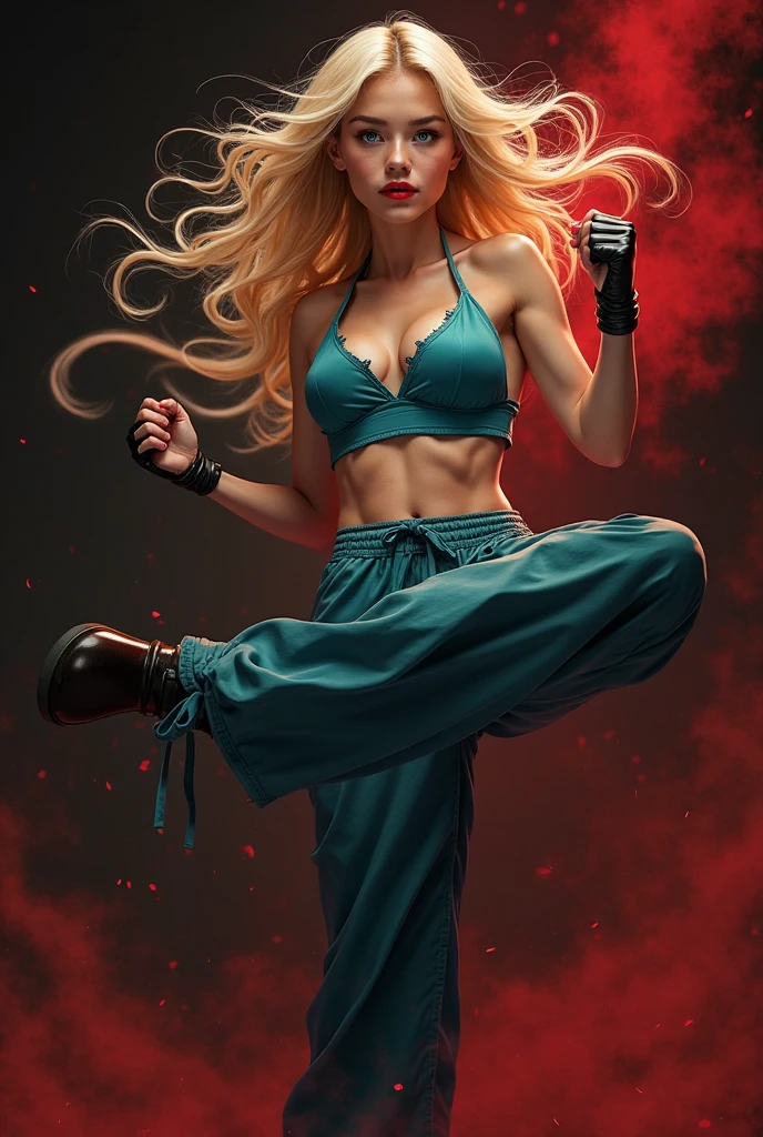 The image depicts a blonde woman in a dynamic martial arts pose with leg kicking high, she is wearing a low cut teal coloured crop top, The neckline sits provocatively low. Her blonde hair falls in choppy layers. Red lipstick enhances her seductive smile. she has perfect blue eyes, with a black background and red smoke, creating a dramatic and intense atmosphere.
